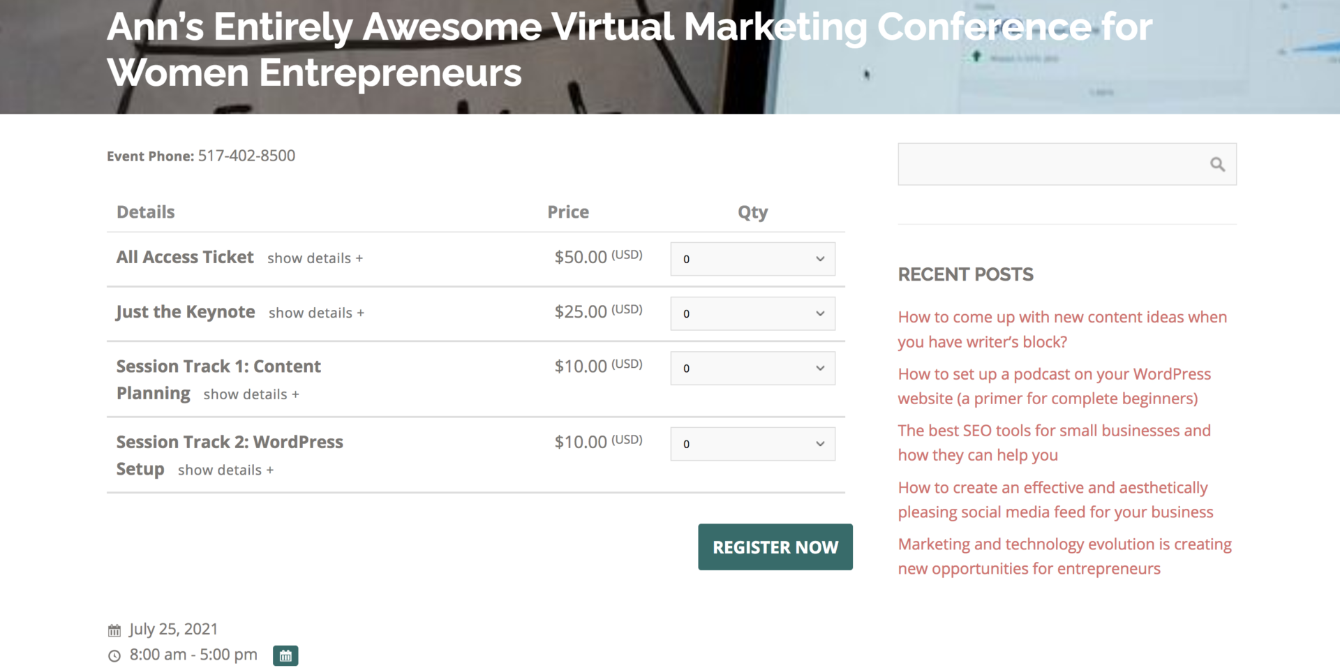 Virtual conference setup using WordPress and Event Espresso